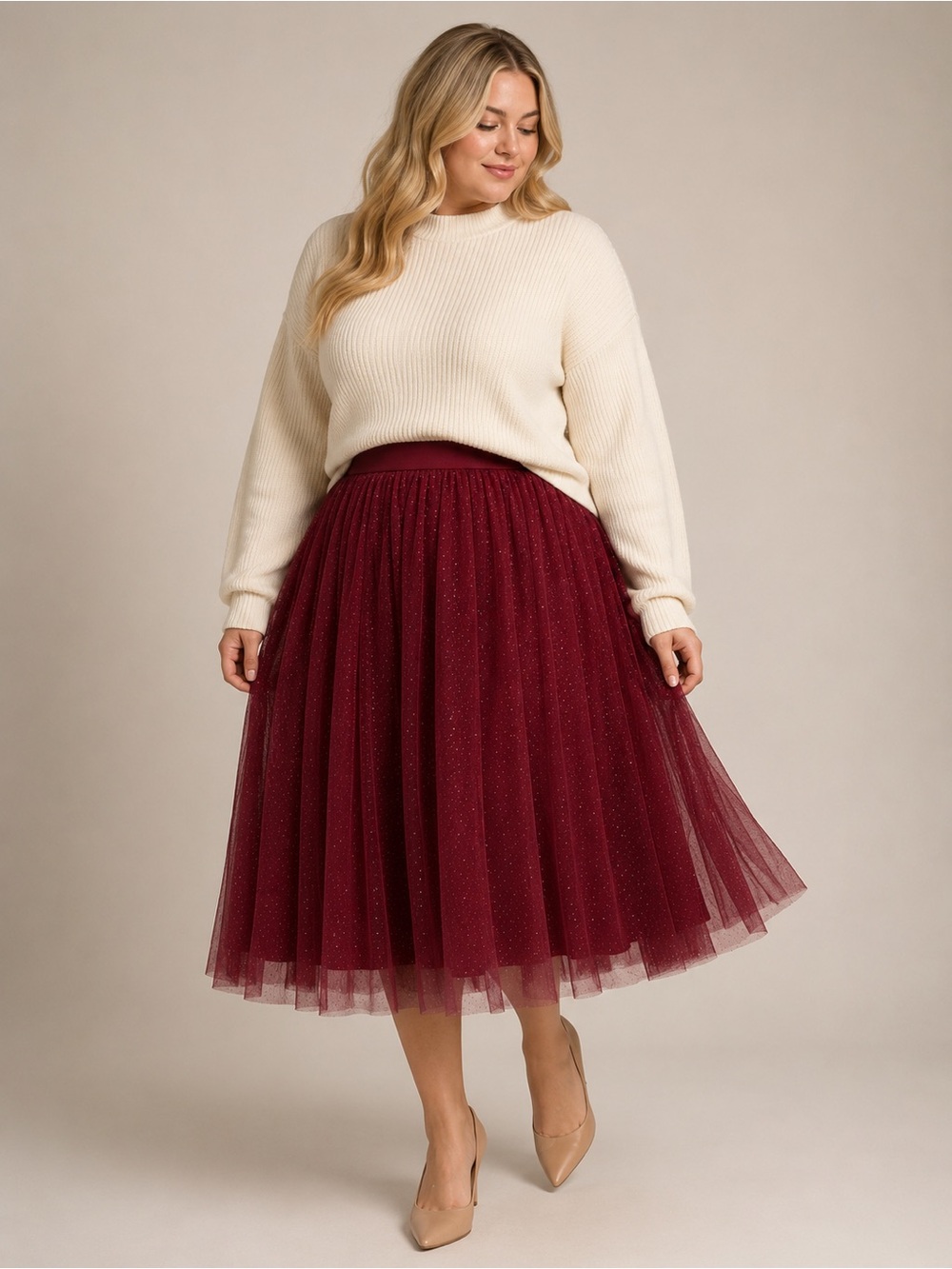 Matilda Jane Burgundy Glitter Tulle Midi Skirt Medium Stretch Waist